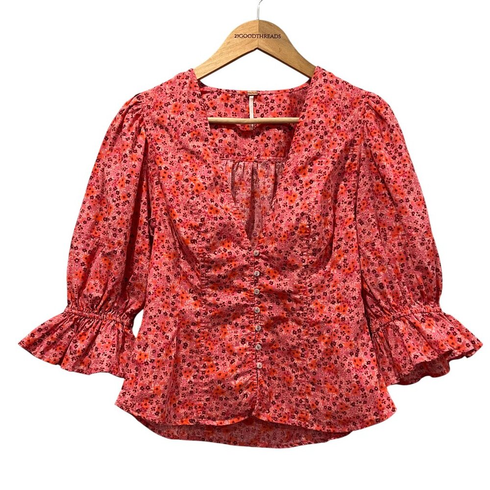 Free People I Found You Floral Button Blouse, Pink Party Combo, M - Picture 3 of 10